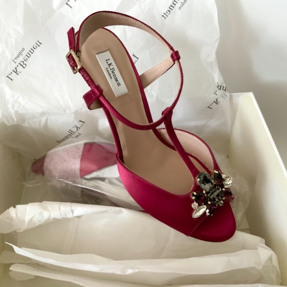 L.K.Bennett Yvette Red Embellished Stiletto Sandal Raspberry Satin Heel Pump - Picture 9 of 11